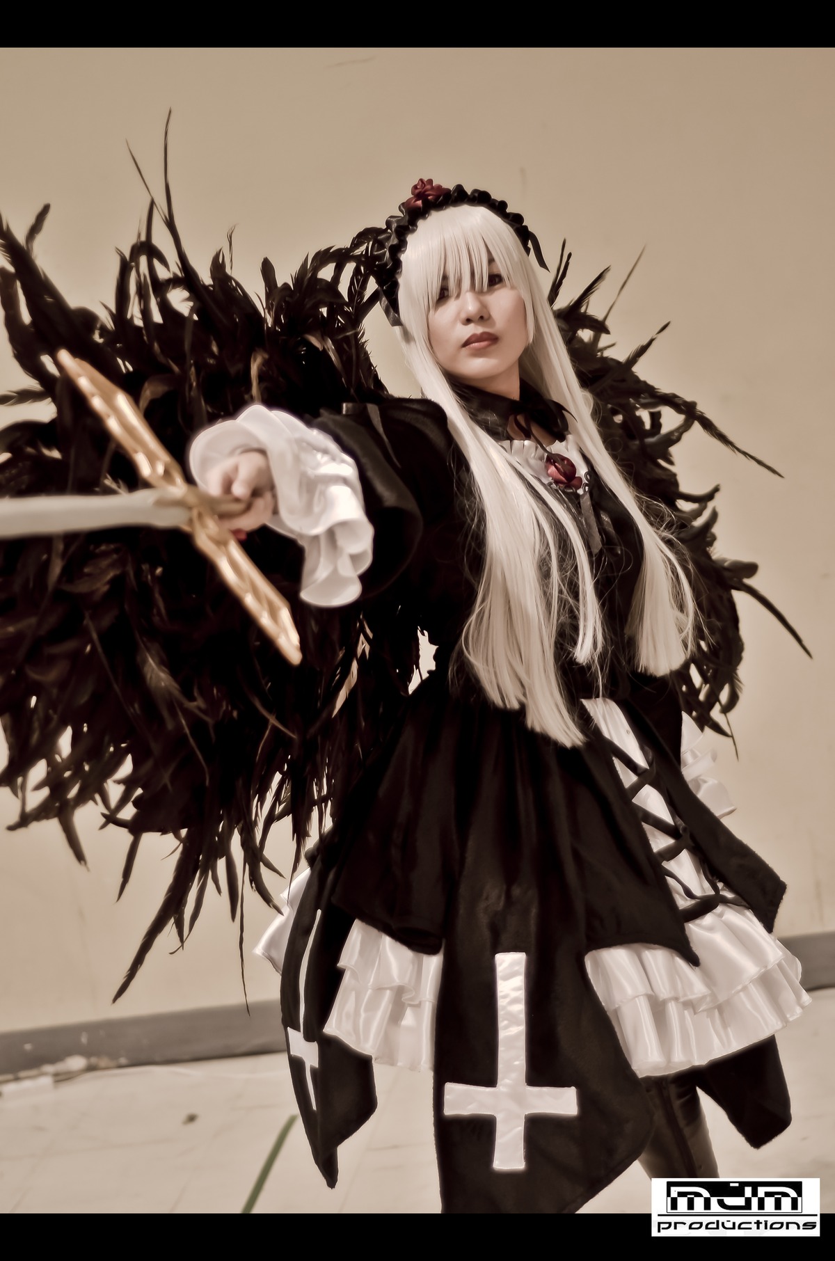 1girl dress flower gothic_lolita hairband letterboxed lips lolita_fashion long_hair long_sleeves outstretched_arm outstretched_hand pale_skin rose solo standing suigintou weapon white_hair