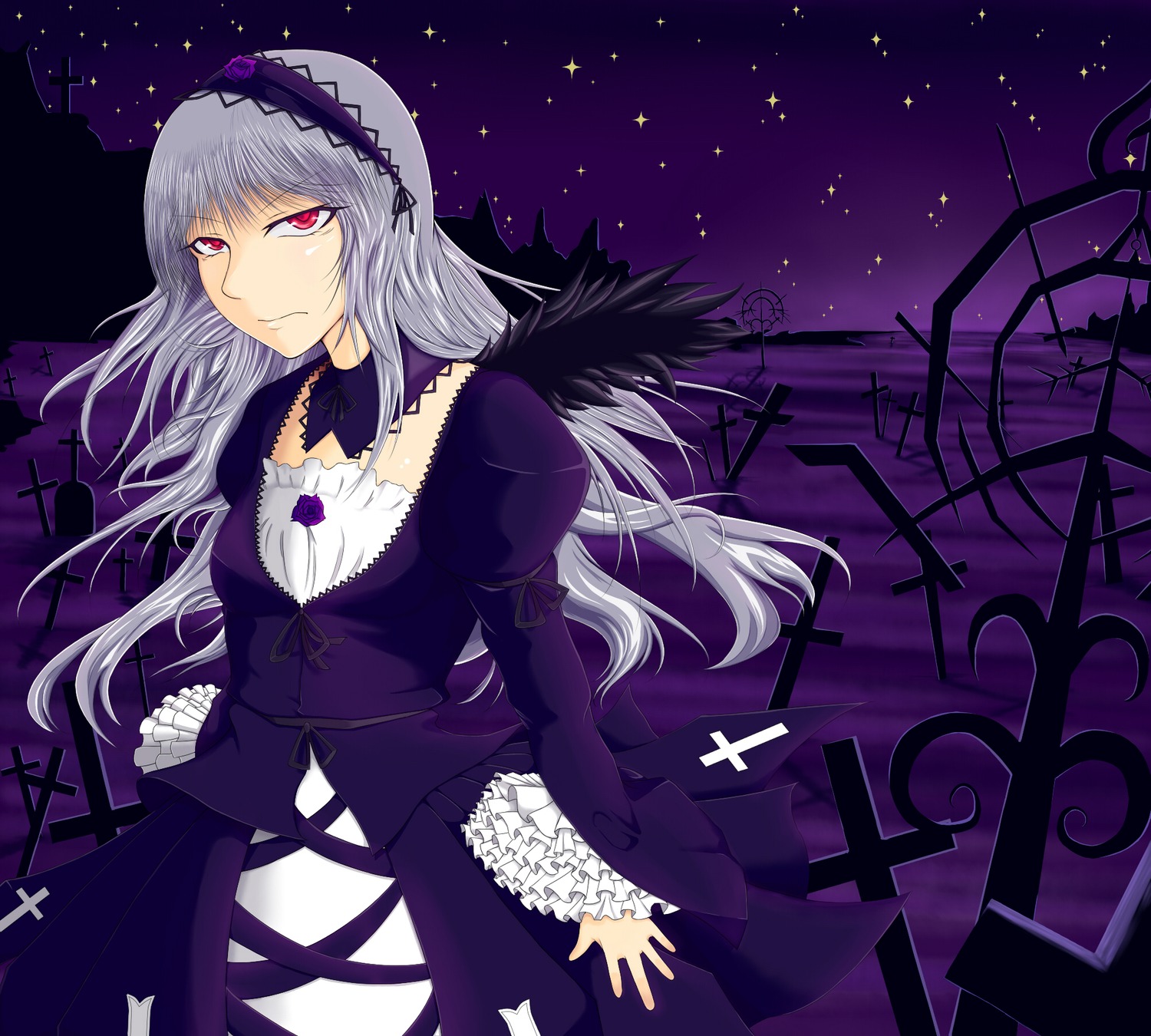 1girl black_wings cross detached_collar dress flower frilled_sleeves frills hairband image long_hair long_sleeves looking_at_viewer night pink_eyes red_eyes silver_hair sky solo star_(sky) suigintou wings