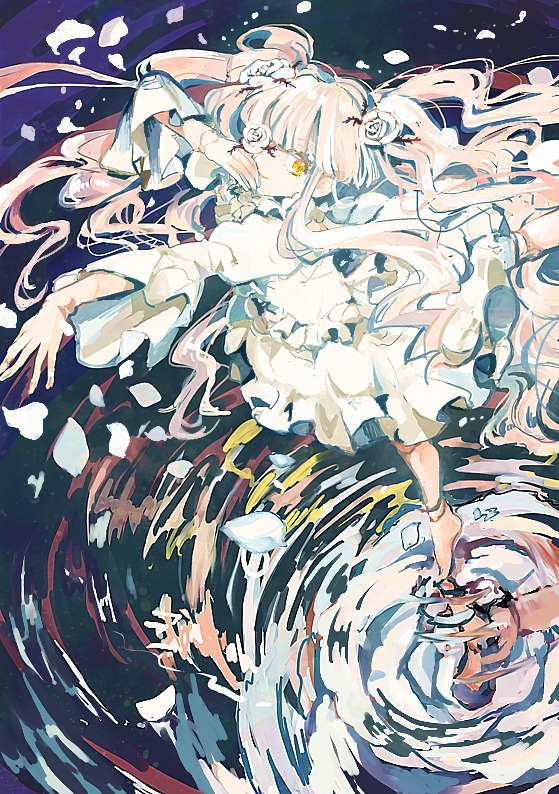 1girl bangs dress flower frilled_dress frills image kirakishou long_dress long_hair long_sleeves petals pink_flower pink_hair rose solo ultimate_madoka very_long_hair water white_dress wide_sleeves yellow_eyes