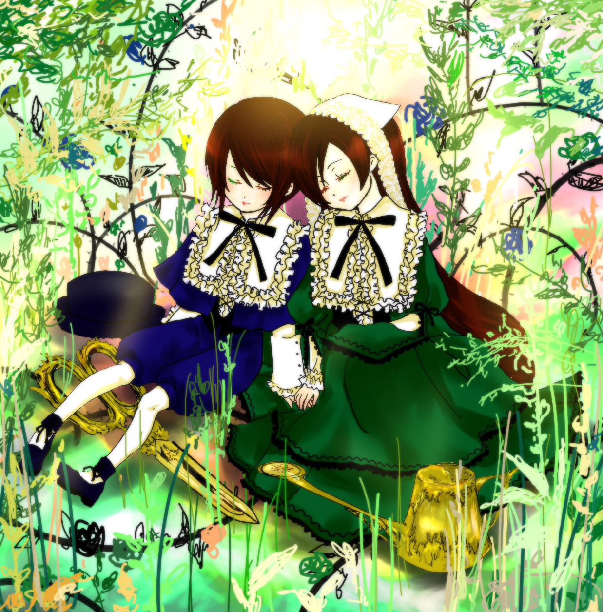 brown_hair closed_eyes dress flower hat holding_hands image pair ribbon short_hair souseiseki suiseiseki