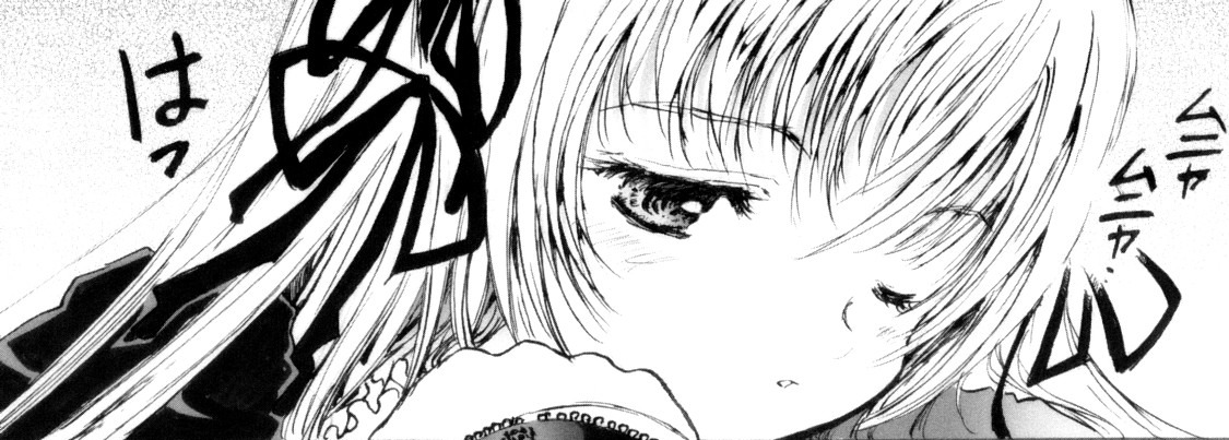 1girl blush close-up face greyscale hair_ribbon image monochrome one_eye_closed open_mouth ribbon solo suigintou