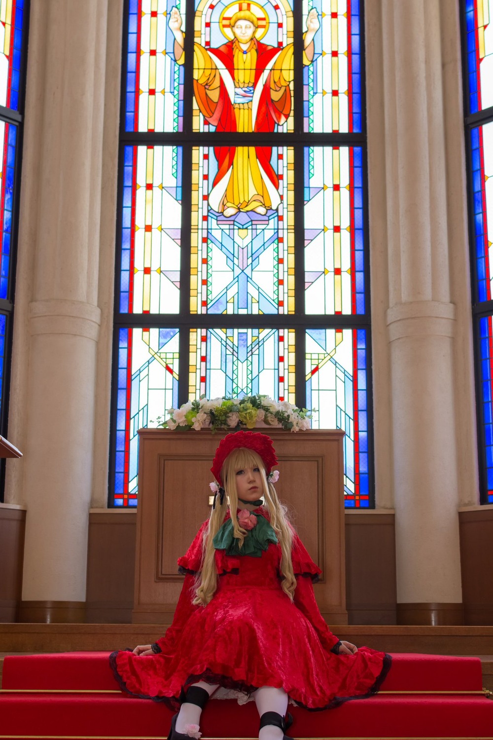 1girl blonde_hair bonnet dress long_hair long_sleeves red_dress shinku shoes sitting solo