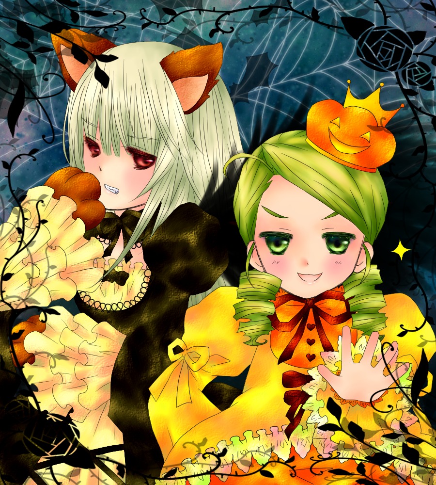 1boy 2girls animal_ears bare_tree bat blonde_hair blush dress drill_hair green_eyes green_hair halloween hat image jack-o'-lantern kanaria moon multiple_girls pair pumpkin pumpkin_hair_ornament red_eyes ribbon smile suigintou twin_drills