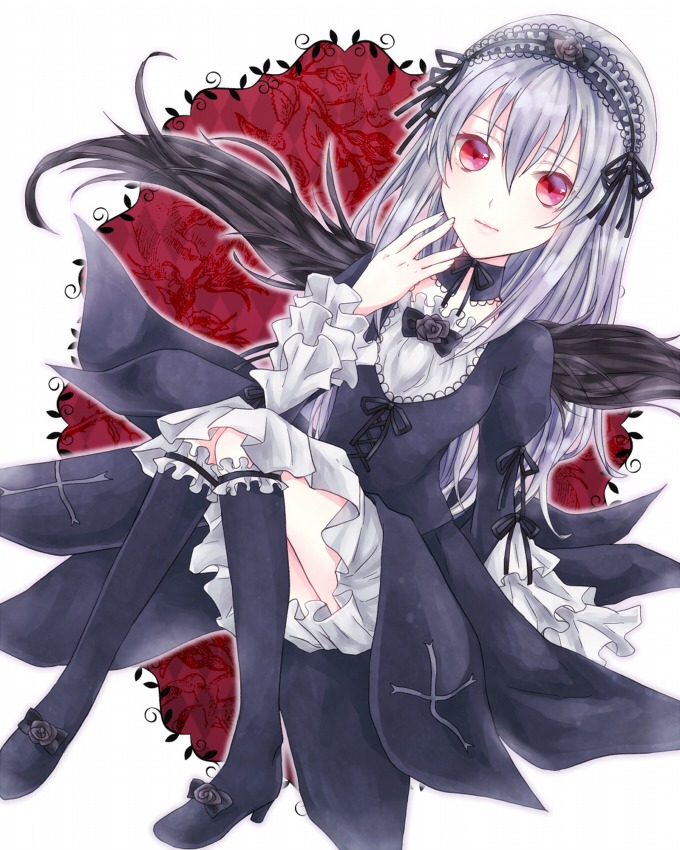 1girl black_ribbon black_wings dress feathers flower frills hairband image kneehighs lolita_fashion long_hair long_sleeves looking_at_viewer red_eyes ribbon silver_hair sitting solo suigintou wings