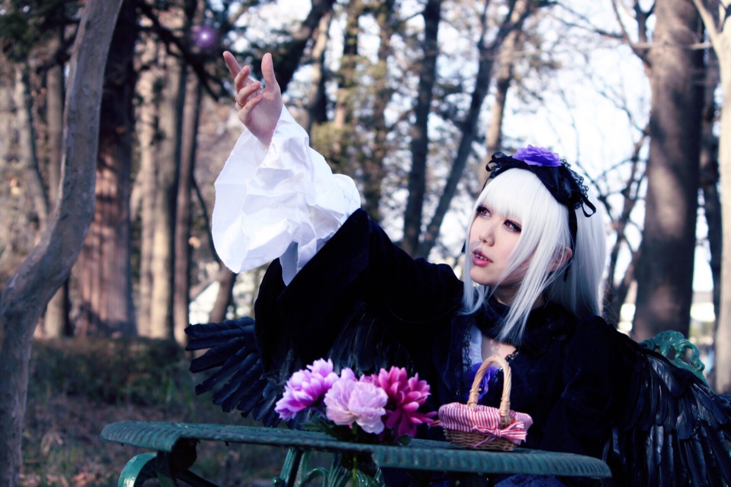 1girl bangs black_dress blurry blurry_background blurry_foreground depth_of_field dress flower lips long_hair long_sleeves motion_blur outstretched_arm red_eyes solo suigintou wings