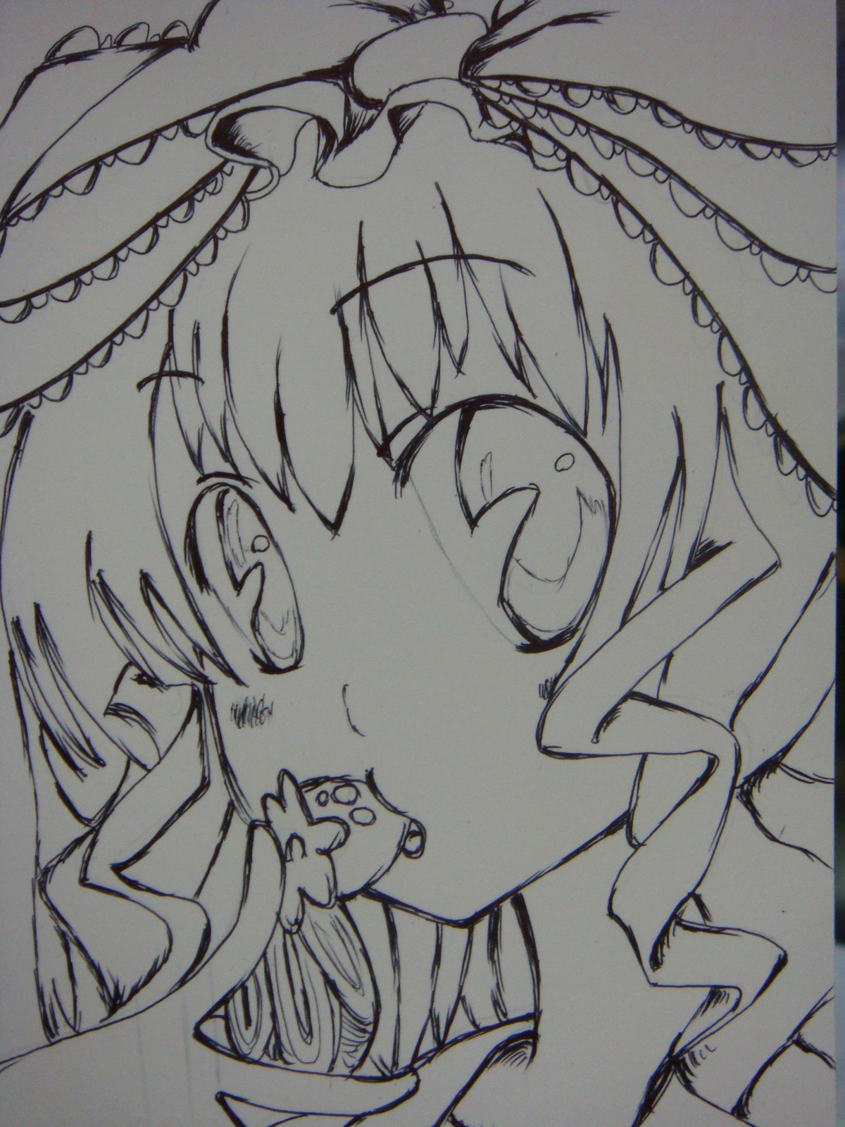 1girl bangs eyebrows_visible_through_hair frilled_hairband greyscale hinaichigo image looking_at_viewer monochrome portrait solo traditional_media