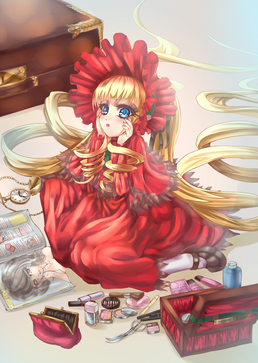 1girl blonde_hair blue_eyes blush dress drill_hair hands_on_own_face image long_hair mirror red_dress shinku solo very_long_hair