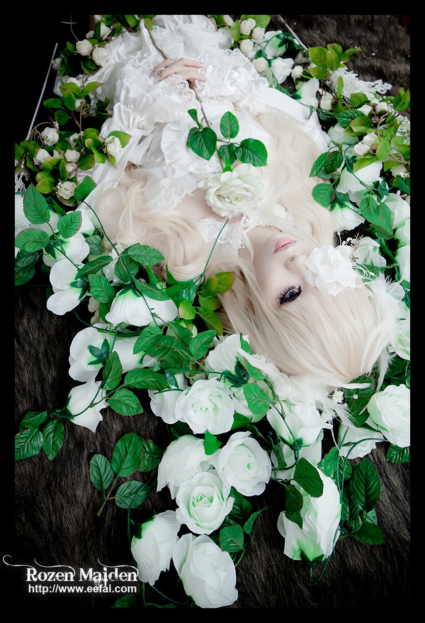 1girl black_border blonde_hair blue_eyes flower kirakishou leaf letterboxed lips long_hair plant rose solo white_flower white_rose
