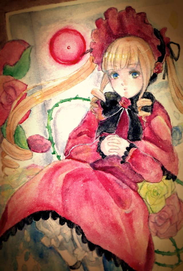 1girl blonde_hair blue_eyes bonnet bow dress drill_hair flower hands_together image long_hair long_sleeves looking_at_viewer pink_flower pink_rose red_dress red_flower red_rose rose shinku solo traditional_media twintails