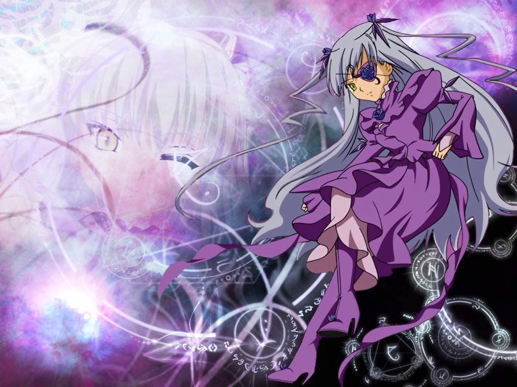 1girl auto_tagged barasuishou boots dress eyepatch frills high_heels image long_hair magic_circle purple_dress ribbon solo very_long_hair