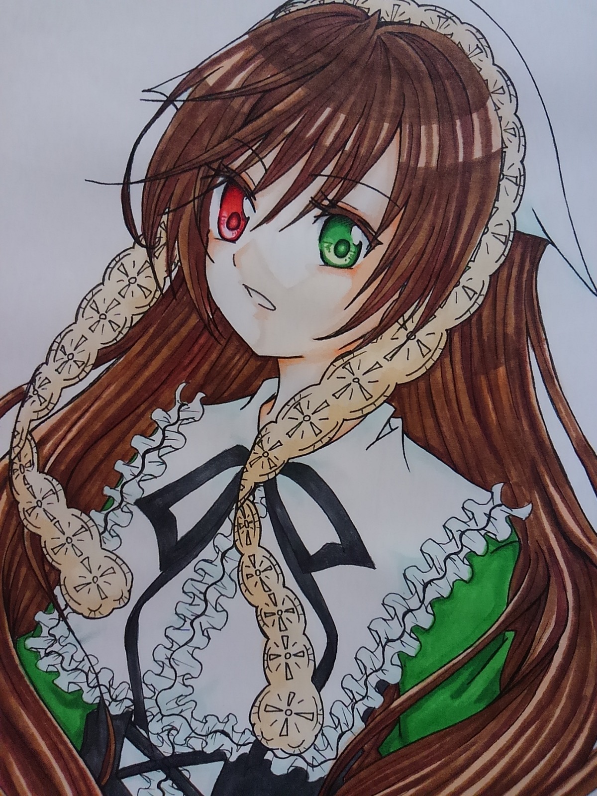 1girl auto_tagged braid brown_hair eyebrows_visible_through_hair frills green_eyes heterochromia image long_hair looking_at_viewer red_eyes simple_background solo suiseiseki upper_body