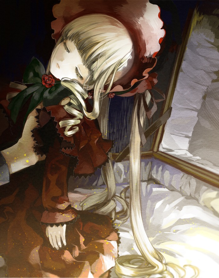 1girl blonde_hair bonnet bow box capelet closed_eyes commentary_request doll dress drill_hair flower hairband hat image lolita_hairband long_hair long_sleeves photoshop_(medium) red_capelet red_dress red_flower red_rose rinhachi rose rozen_maiden shinku sitting sleeping solo twintails very_long_hair