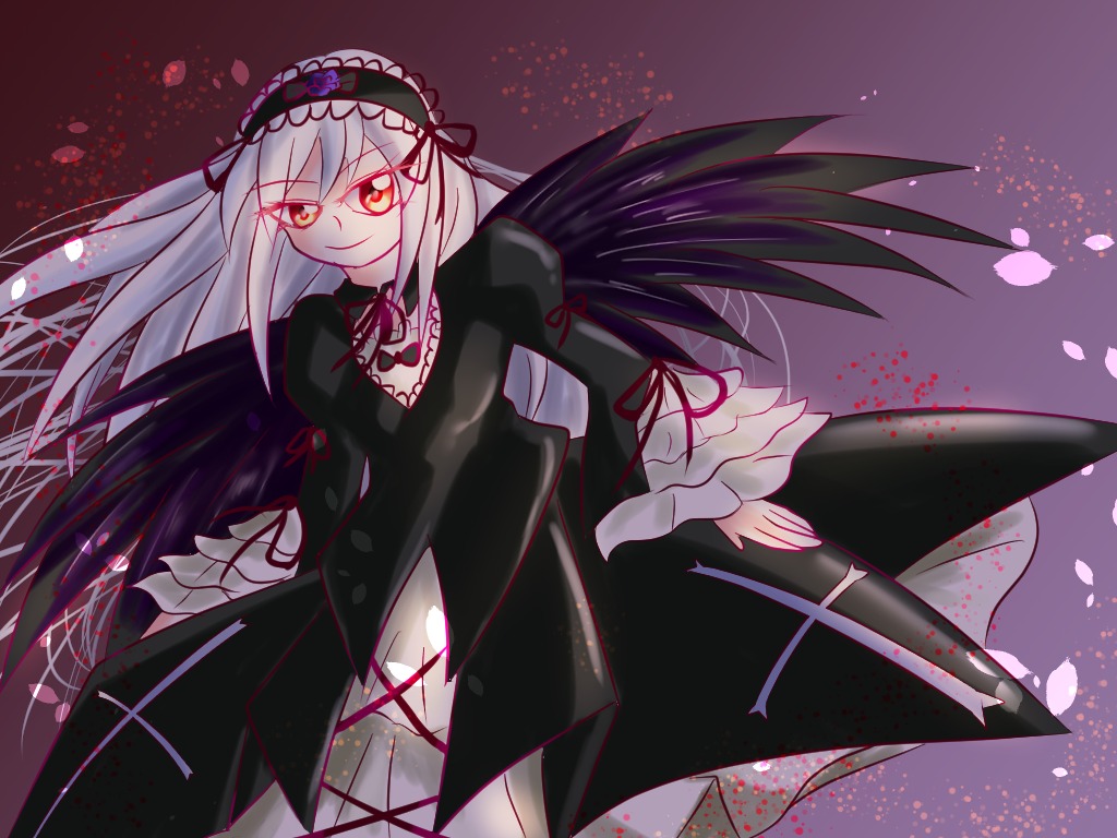 1girl black_dress black_wings blood blood_splatter dress eyebrows_visible_through_hair frilled_sleeves frills gothic_lolita hairband image lolita_fashion lolita_hairband long_hair long_sleeves looking_at_viewer neck_ribbon petals ribbon silver_hair smile solo suigintou wings