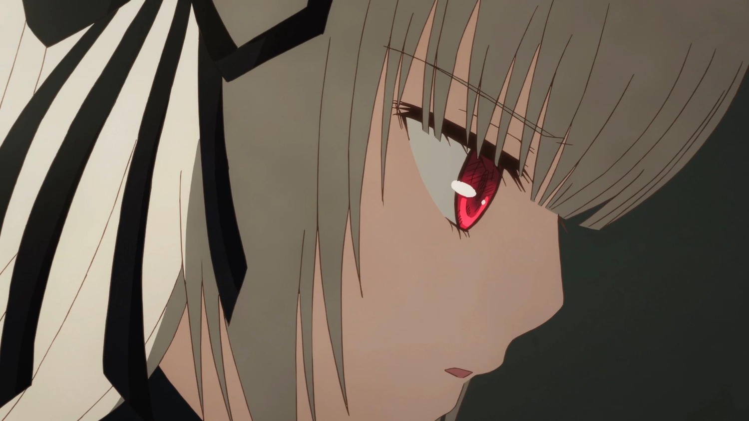 1girl bangs close-up eyebrows_visible_through_hair face image lips profile red_eyes ribbon simple_background solo suigintou