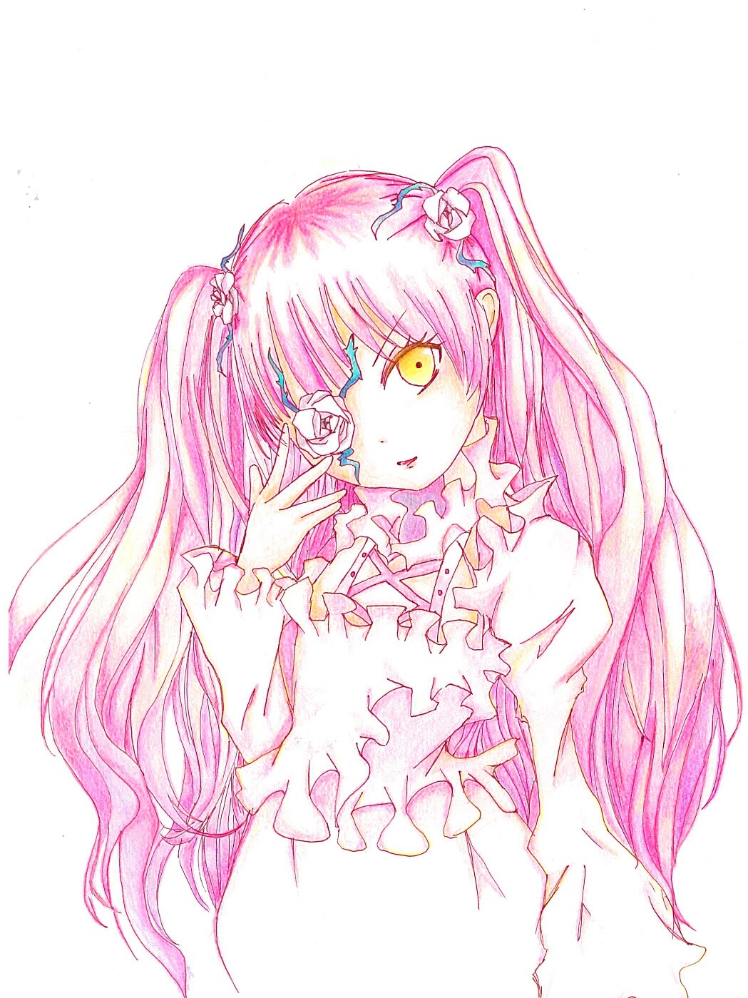 1girl dress eyepatch flower hair_flower hair_ornament image kirakishou long_hair pink_hair rose solo striped two_side_up vertical_stripes white_dress yellow_eyes