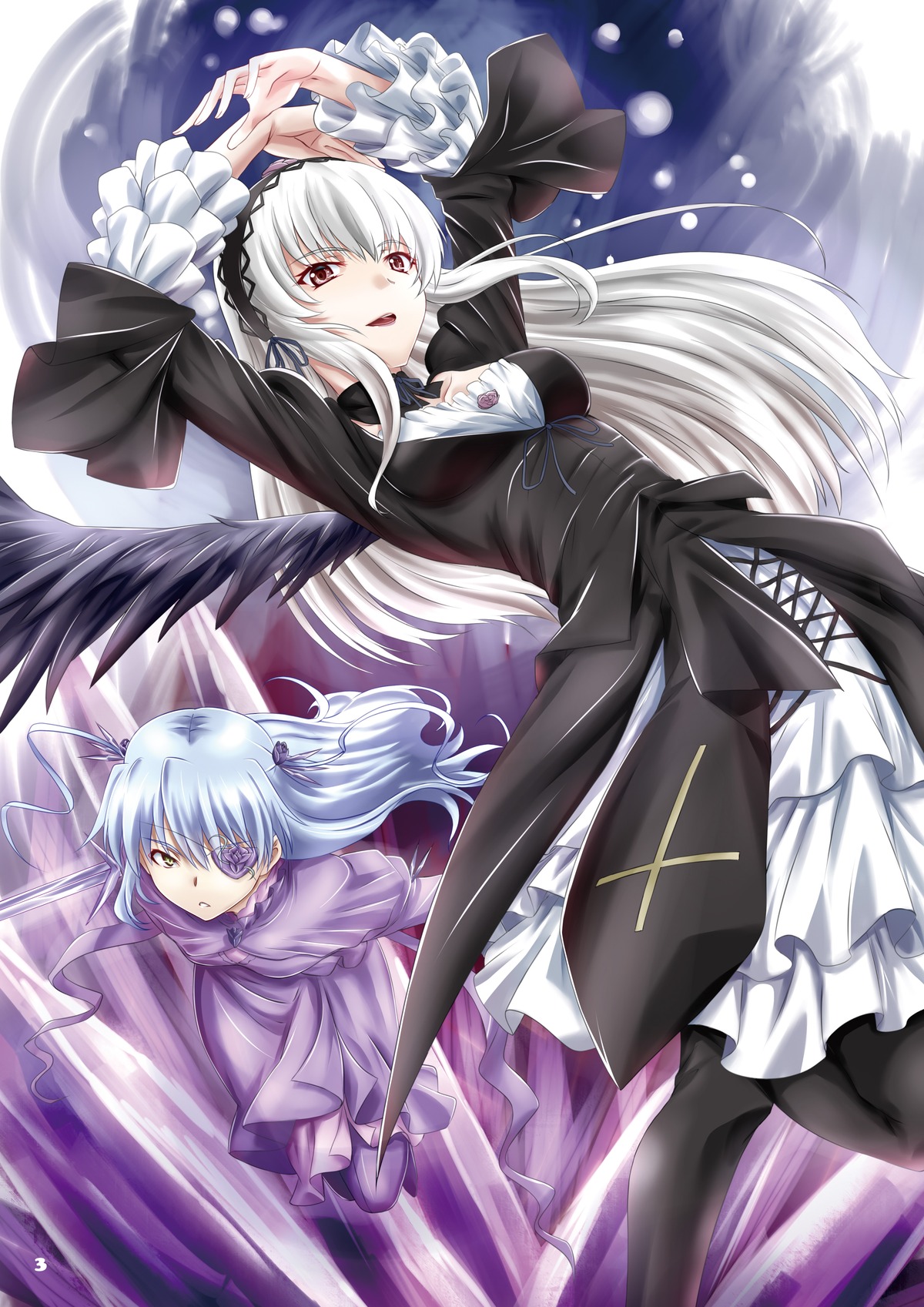 barasuishou black_legwear black_wings dress floating_hair frills image lolita_fashion long_hair long_sleeves multiple_girls open_mouth pair ribbon silver_hair suigintou very_long_hair wings yellow_eyes