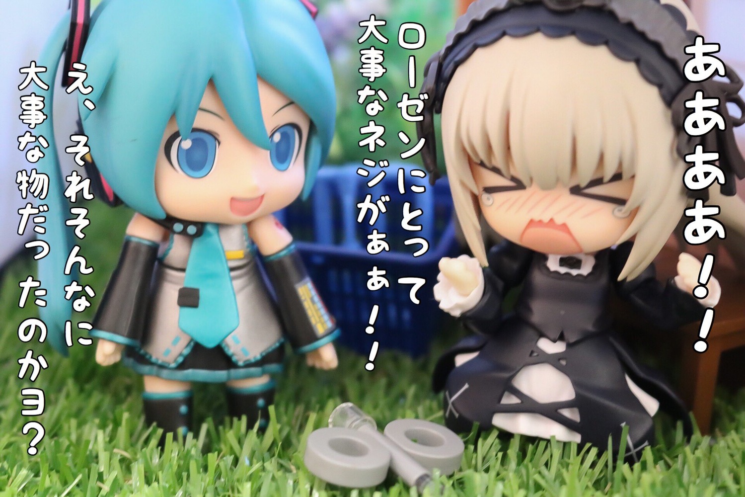 2girls >_< blonde_hair chibi closed_eyes crossover cup detached_sleeves doll grass hatsune_miku long_hair multiple_girls open_mouth solo suigintou tears thighhighs twintails very_long_hair