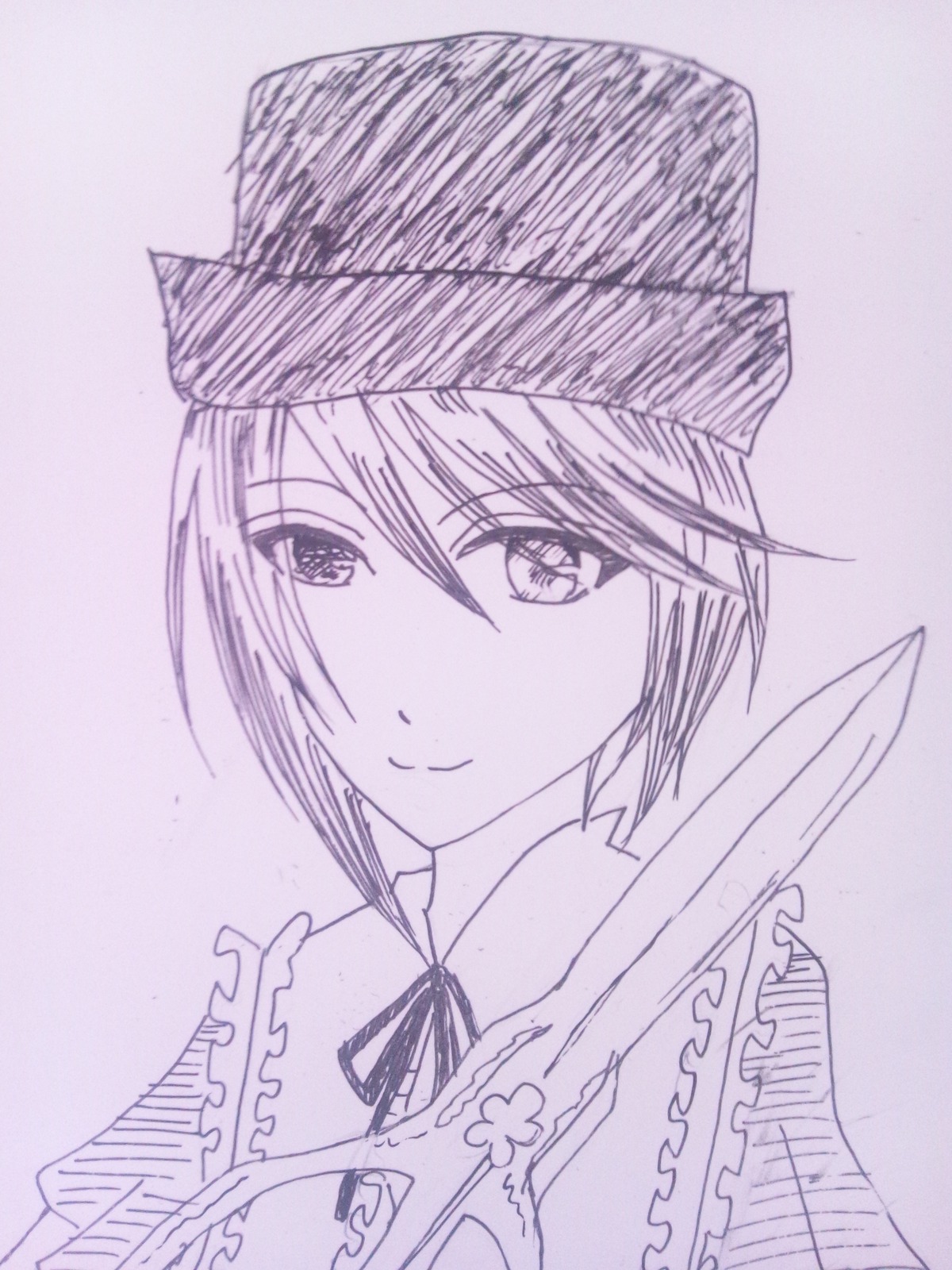1girl closed_mouth frills hat image japanese_clothes looking_at_viewer monochrome purple_theme saigyouji_yuyuko short_hair sketch smile solo souseiseki