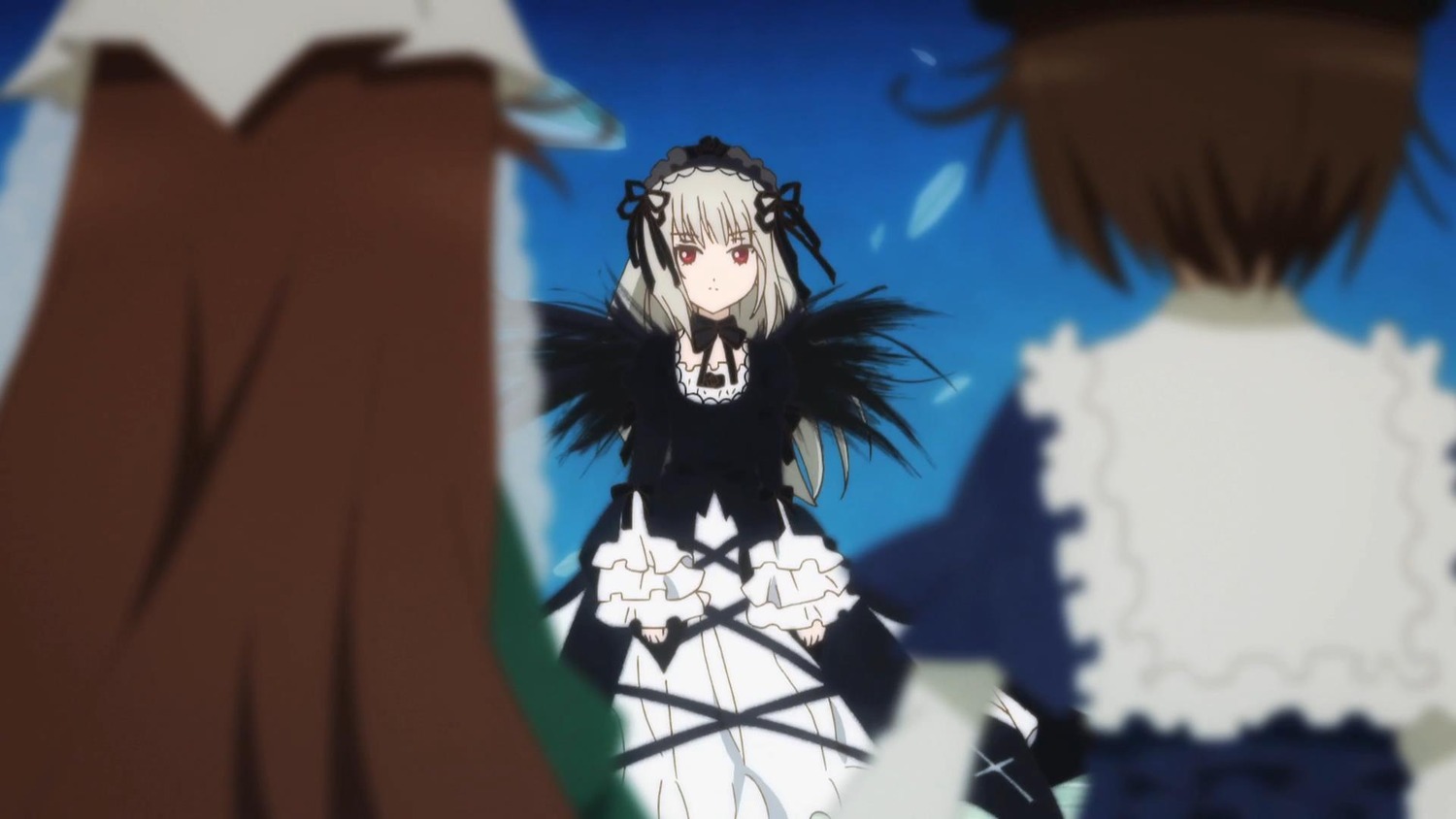 1boy 1girl black_dress black_wings blurry blurry_background blurry_foreground depth_of_field dress feathers frills gothic_lolita hairband image lolita_fashion lolita_hairband long_hair long_sleeves motion_blur multiple multiple_girls red_eyes ribbon silver_hair solo_focus standing suigintou tagme wings