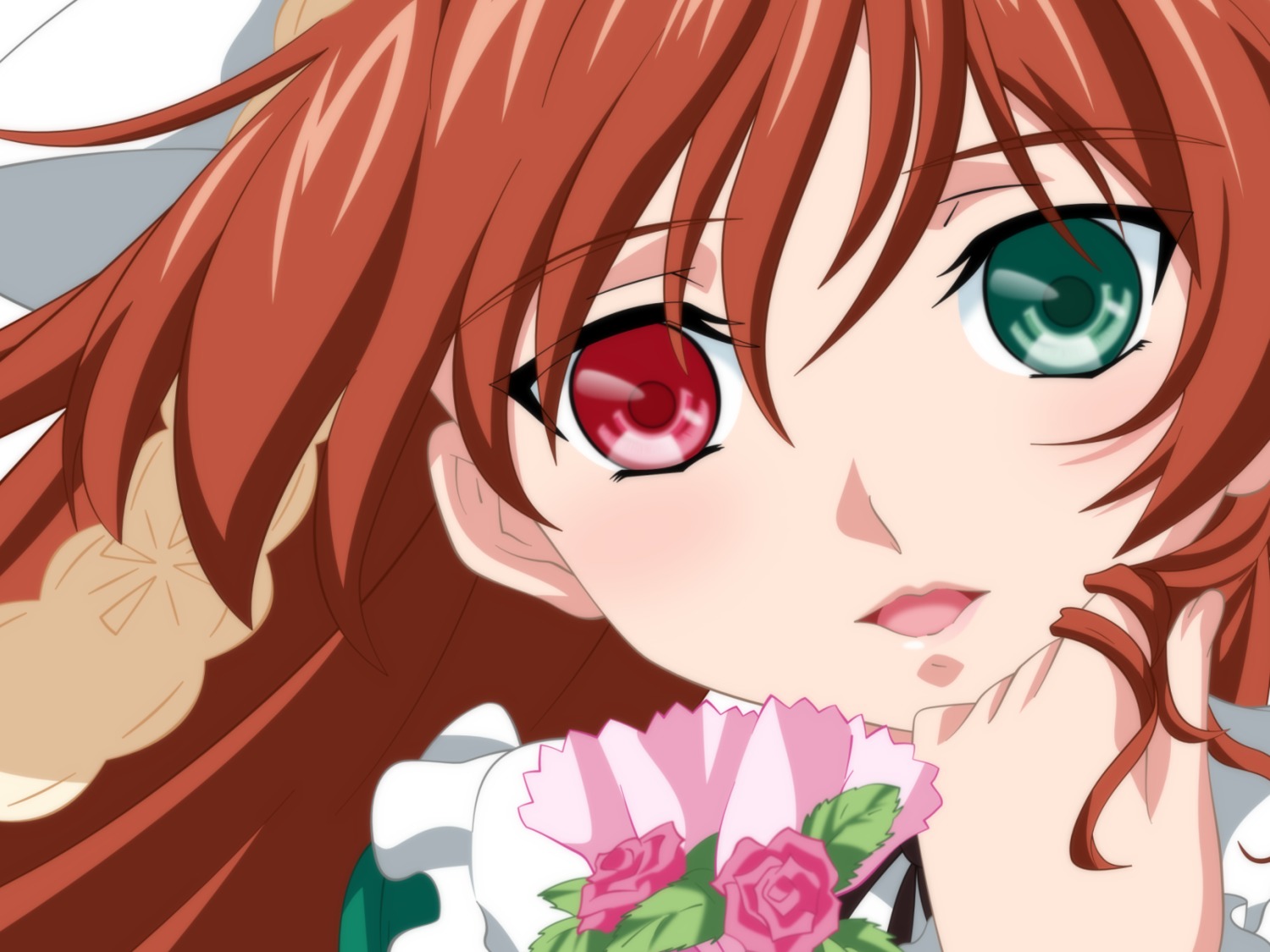 1girl blush bouquet brown_hair close-up eyebrows_visible_through_hair flower green_eyes holding_bouquet image long_hair looking_at_viewer open_mouth pink_flower pink_rose red_eyes red_hair ribbon rose smile solo suiseiseki white_rose