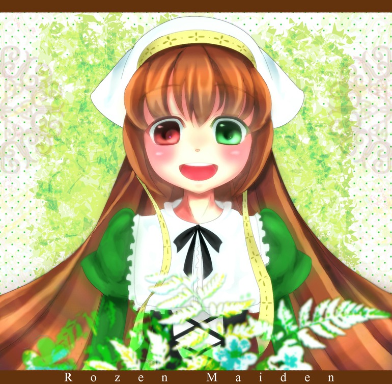 1girl :d blush brown_hair dress green_dress green_eyes hat head_scarf heterochromia image letterboxed long_hair long_sleeves looking_at_viewer open_mouth red_eyes smile solo suiseiseki upper_body very_long_hair