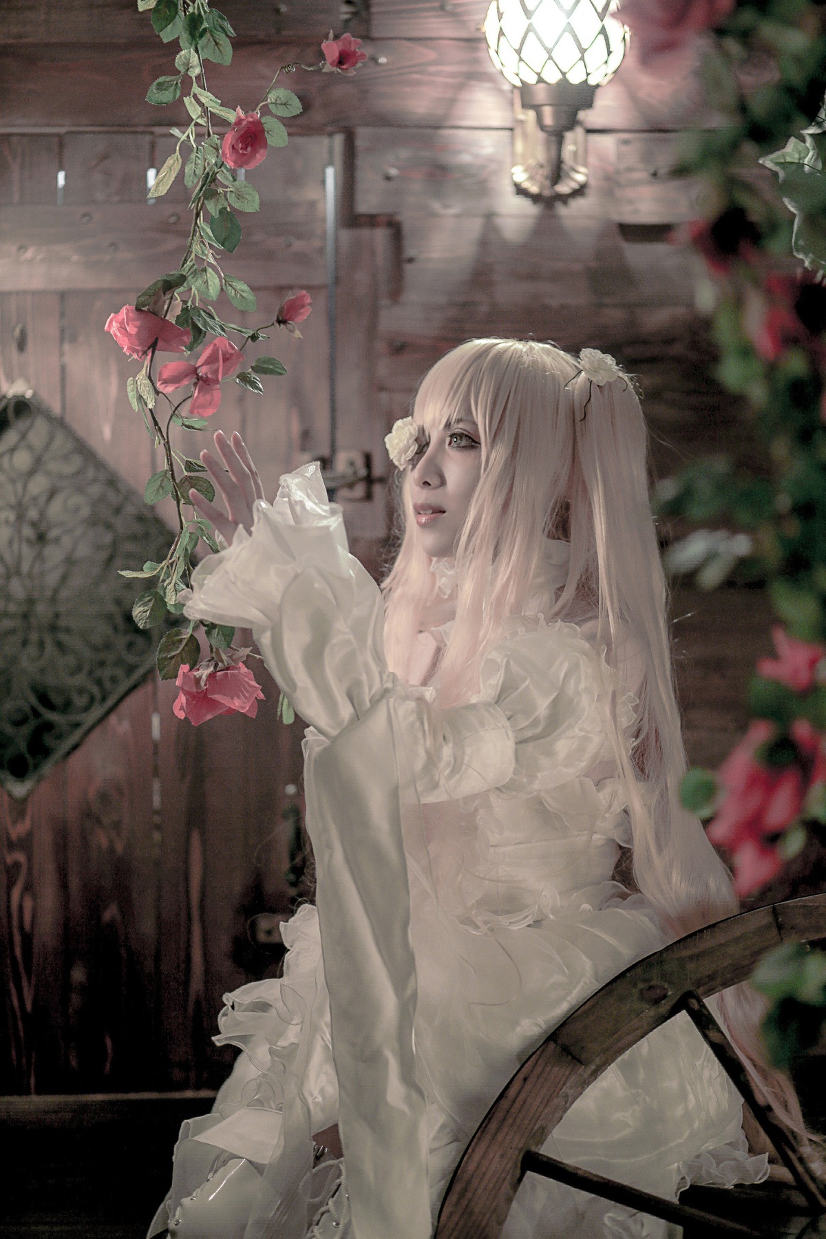 1girl blurry depth_of_field dress flower indoors kirakishou lips long_hair plant red_flower rose solo white_dress