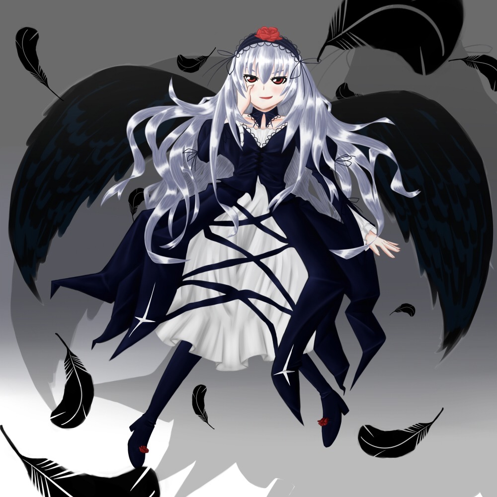 1girl bird black_dress black_feathers black_wings crow dress feathered_wings feathers flower frills full_body hairband image long_hair long_sleeves looking_at_viewer red_eyes rose silver_hair smile solo suigintou wings