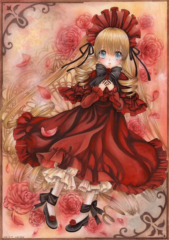 1girl ankle_ribbon artist_name blonde_hair blue_eyes blush bonnet border bow colored_pencil_(medium) commentary_request dated dress drill_hair flower frilled_dress frills hair_ribbon hands_on_own_chest image long_hair long_sleeves looking_at_viewer mosho open_mouth painting_(medium) pantyhose petals photoshop_(medium) pink_flower pink_rose red_capelet red_dress red_flower red_rose ribbon rose rose_petals rozen_maiden shinku shoes signature solo traditional_media twintails very_long_hair watercolor_(medium) white_legwear
