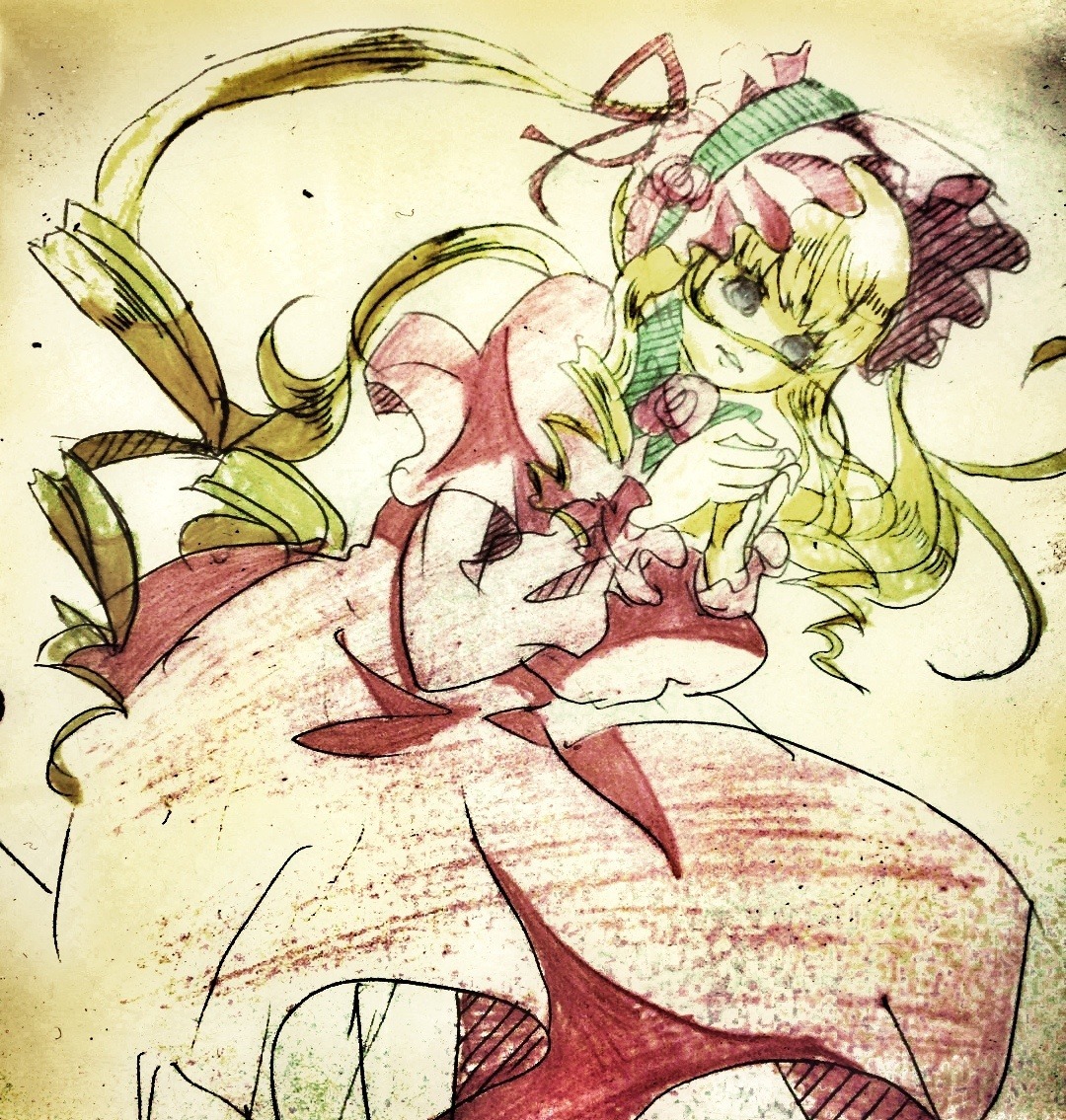 1girl blonde_hair dress flower frills hat image long_hair ribbon rose shinku solo traditional_media