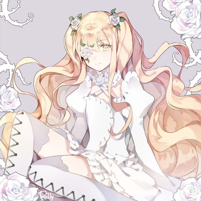 1girl black_flower black_rose blonde_hair blue_rose bouquet dress eyepatch flower hair_flower image kirakishou long_hair pink_flower pink_rose rose rose_petals rose_print solo striped striped_legwear thighhighs thorns twintails two_side_up vertical-striped_legwear vertical_stripes vines white_flower white_rose yellow_eyes yellow_rose