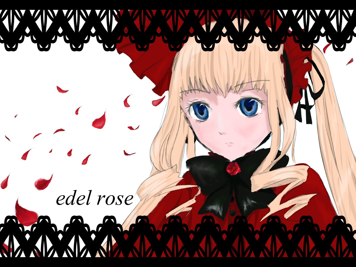 1girl black_border blonde_hair blue_eyes blush bonnet bow bowtie dress drill_hair flower image letterboxed long_hair long_sleeves looking_at_viewer petals red_dress rose rose_petals shinku simple_background solo twintails white_background