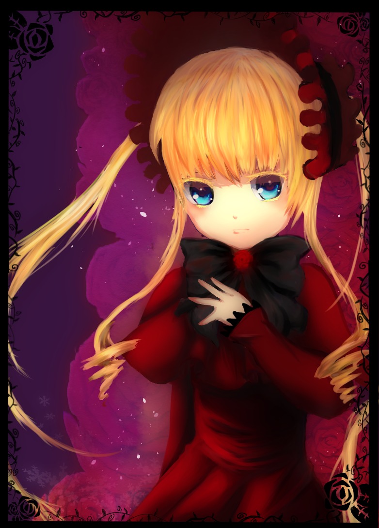 1girl black_border blonde_hair blue_eyes bonnet bow dress flower image letterboxed long_hair long_sleeves looking_at_viewer red_dress rose shinku solo twintails