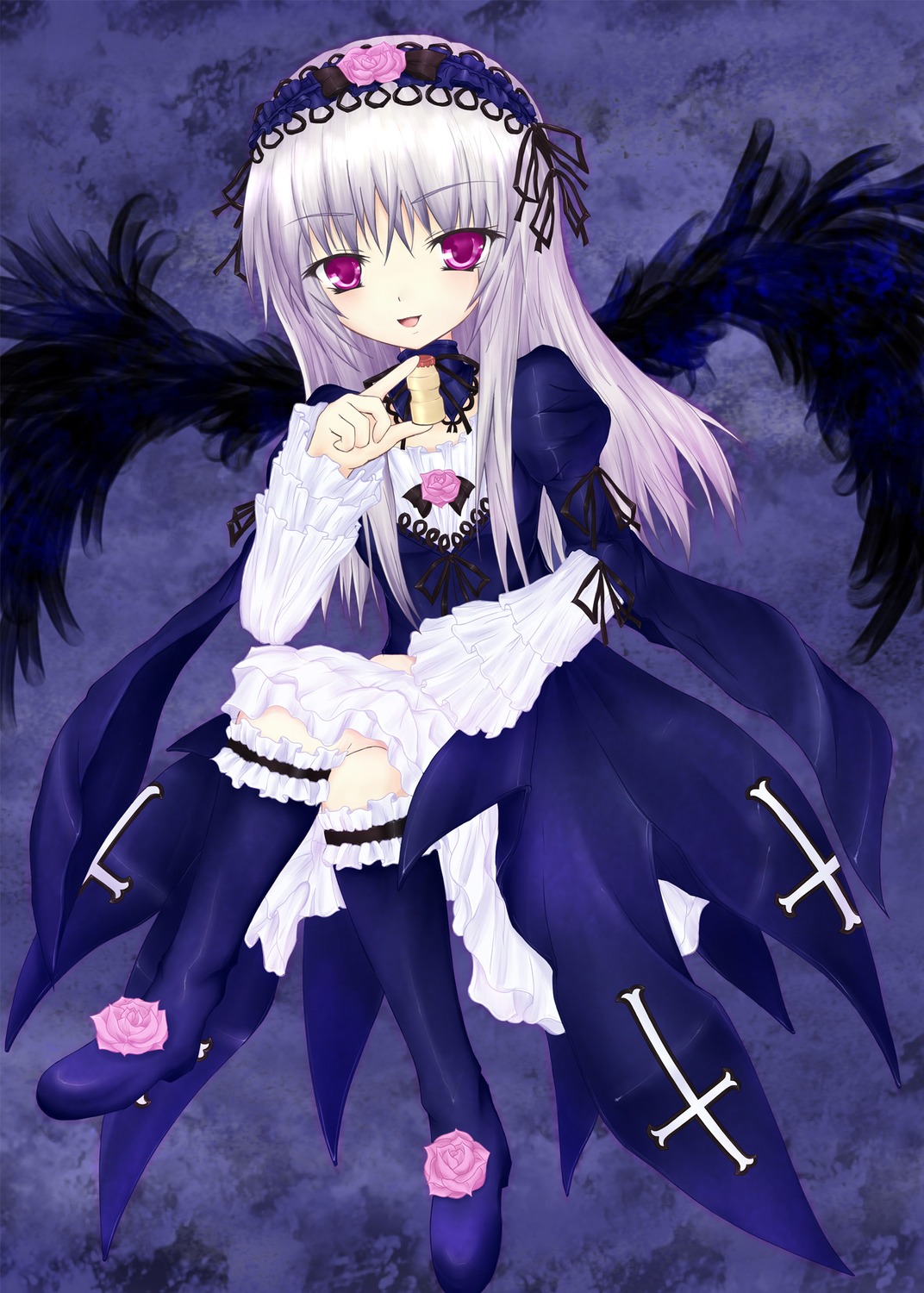 1girl black_wings boots dress flower frills hairband image lolita_hairband long_hair long_sleeves looking_at_viewer open_mouth pink_eyes pink_flower rose silver_hair sitting smile solo suigintou thighhighs wings