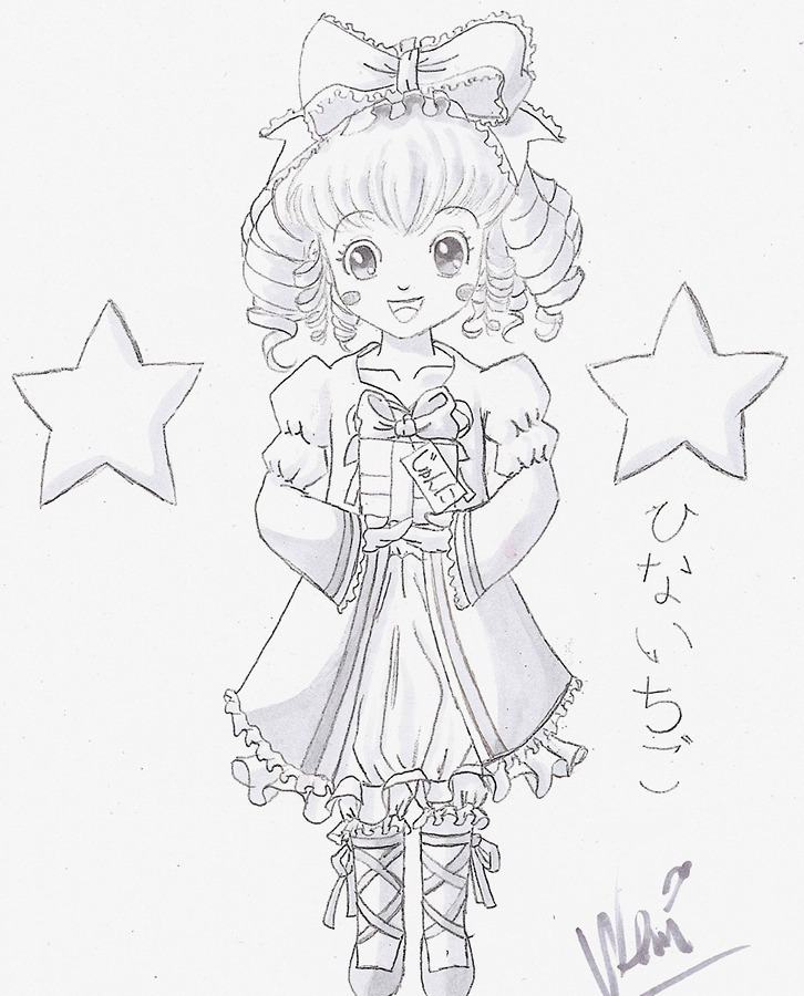 1girl bow dress drill_hair frills full_body greyscale hinaichigo image long_sleeves looking_at_viewer monochrome open_mouth smile solo standing star_(symbol) starry_background