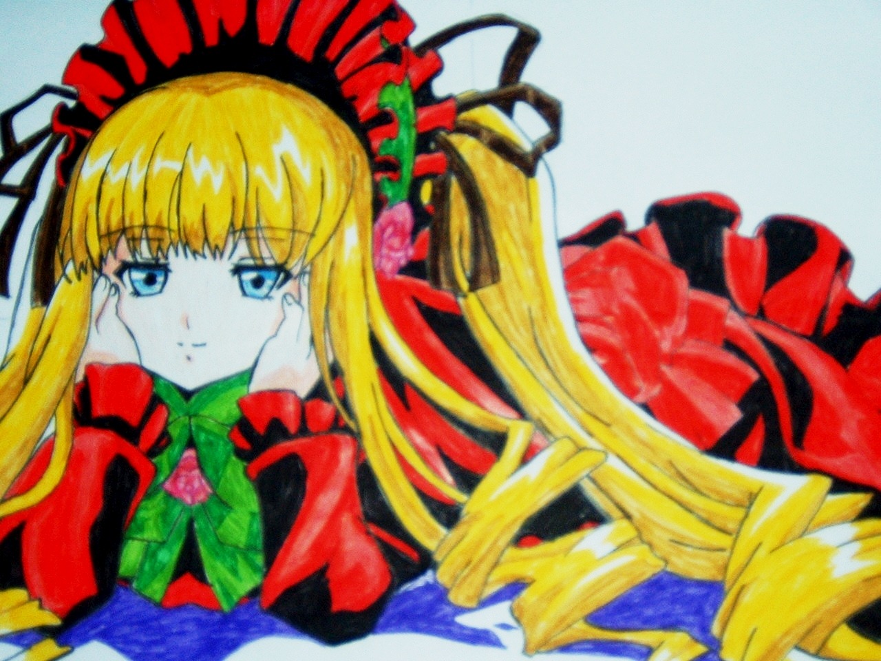 1girl bangs blonde_hair blue_eyes bonnet bow bowtie chin_rest closed_mouth dress drill_hair green_bow hands_on_own_cheeks hands_on_own_face hat image long_hair long_sleeves looking_at_viewer marker_(medium) shinku simple_background smile solo traditional_media