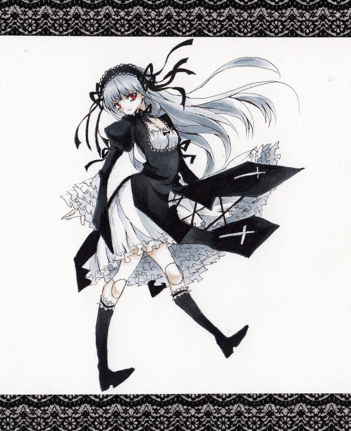 1girl boots breasts doll_joints dress frills gothic_lolita hairband image joints knee_boots long_hair long_sleeves looking_at_viewer red_eyes rose solo standing suigintou wings