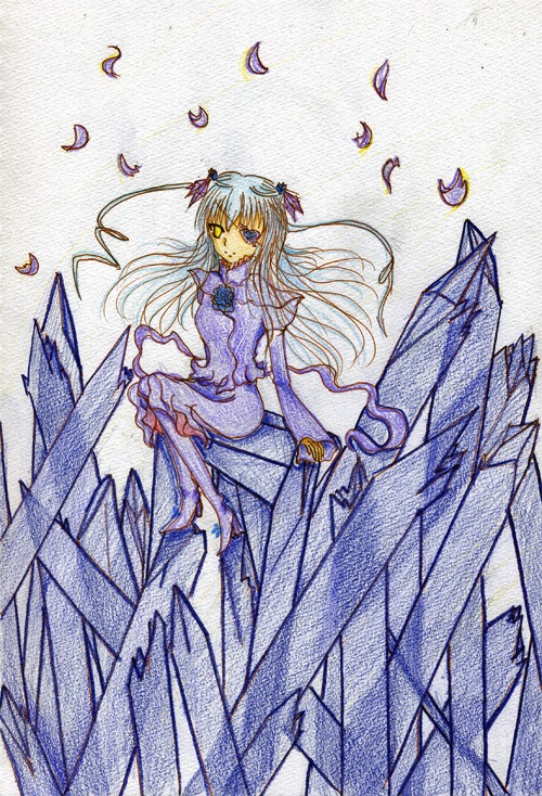 1girl barasuishou dress feathers full_body image long_hair long_sleeves looking_at_viewer ribbon solo standing thighhighs traditional_media very_long_hair wind wings yellow_eyes
