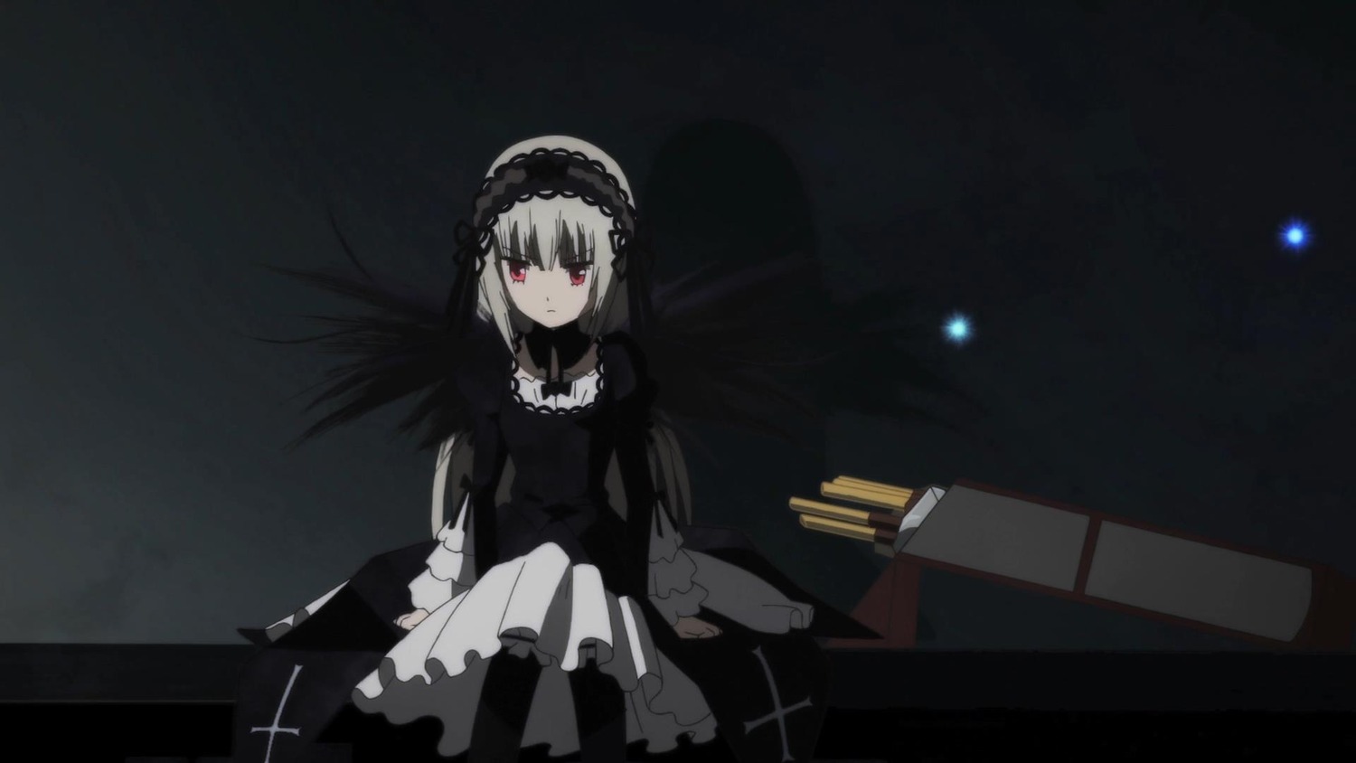 1girl black_dress closed_mouth dress frills hairband image long_hair long_sleeves looking_at_viewer red_eyes ribbon rose silver_hair sitting solo suigintou wings