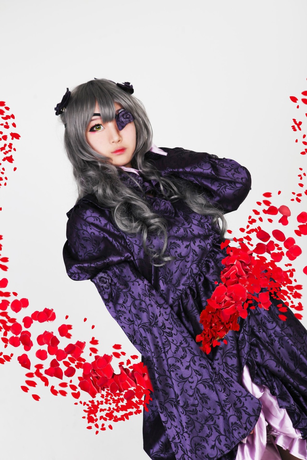 1girl barasuishou blood_splatter dress eyepatch flower lips solo