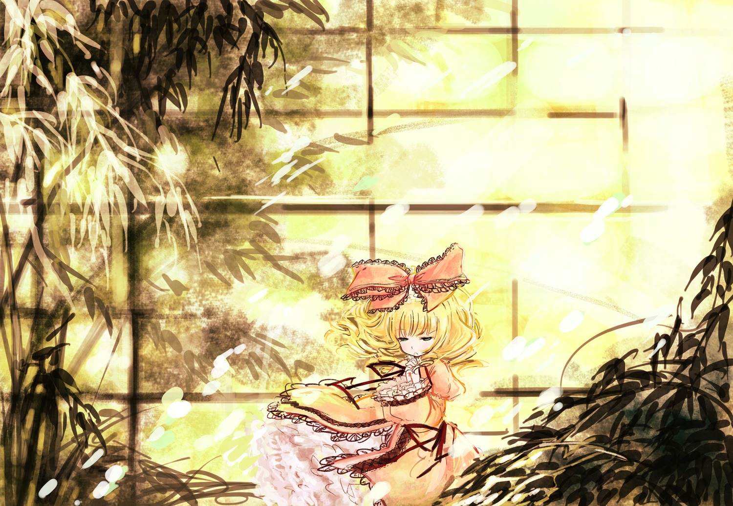 1girl abe_kanari blonde_hair bow bug butterfly closed_eyes commentary_request highres hina_ichigo hinaichigo image insect light_rays long_sleeves medicine_melancholy nature own_hands_clasped own_hands_together photoshop_(medium) pink_bow puffy_sleeves ribbon rozen_maiden short_hair solo sunbeam sunlight