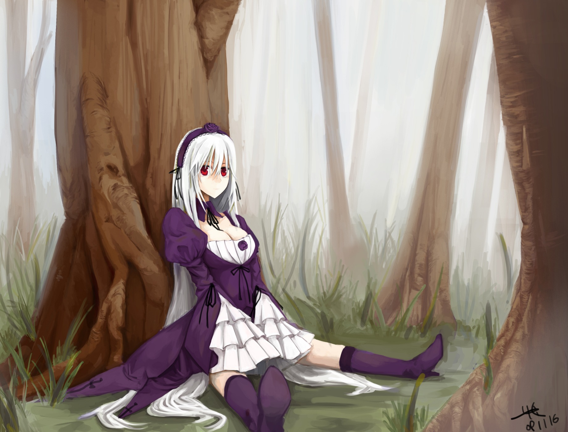 1girl boots breasts cleavage dress frills grass hairband image long_hair long_sleeves medium_breasts puffy_sleeves purple_dress purple_flower purple_footwear purple_legwear red_eyes silver_hair sitting solo suigintou thighhighs very_long_hair white_hair