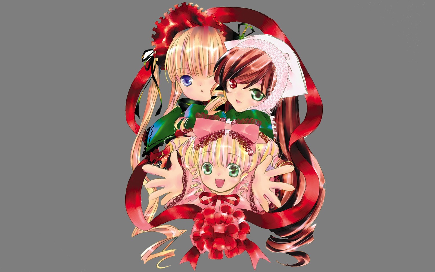 3girls blonde_hair blue_eyes bow brown_hair dress drill_hair green_eyes hat heterochromia hina_ichigo image long_hair long_sleeves looking_at_viewer multiple multiple_girls one_eye_closed open_mouth outstretched_arm outstretched_hand pink_bow red_eyes shinku smile suiseiseki tagme