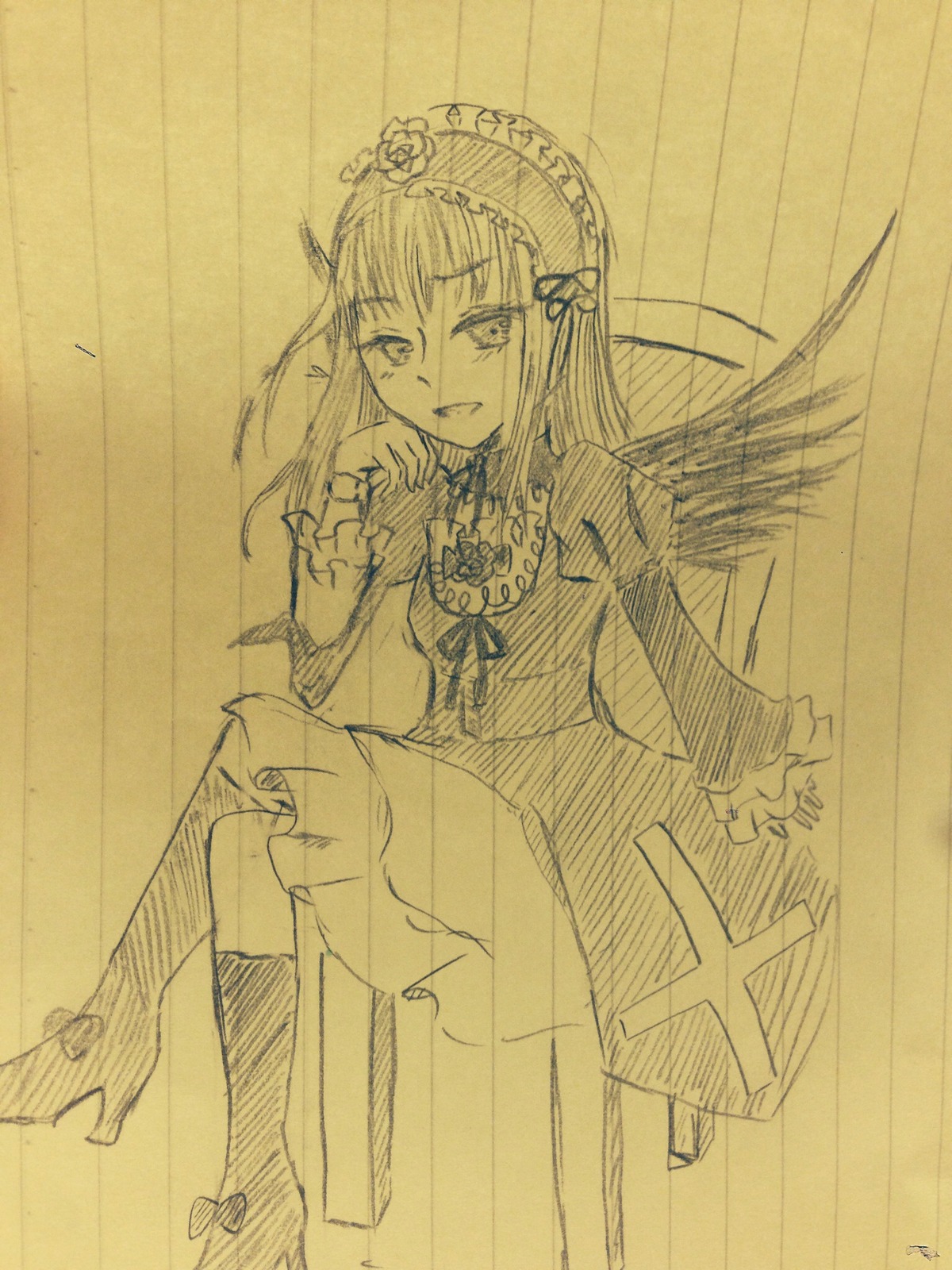 1girl boots bow dress hairband high_heels image long_hair long_sleeves looking_at_viewer monochrome open_mouth sketch smile solo suigintou traditional_media