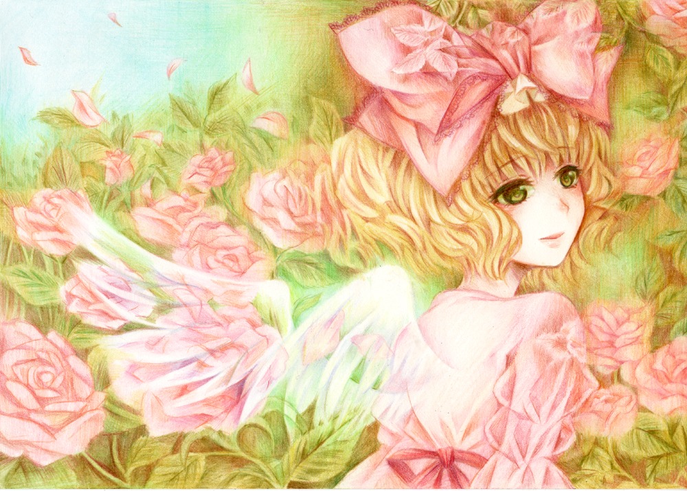 1girl auto_tagged blonde_hair bow flower green_eyes hina_ichigo hinaichigo image lips looking_at_viewer petals pink_bow pink_dress pink_flower pink_rose red_rose rose short_hair solo traditional_media wings yellow_rose