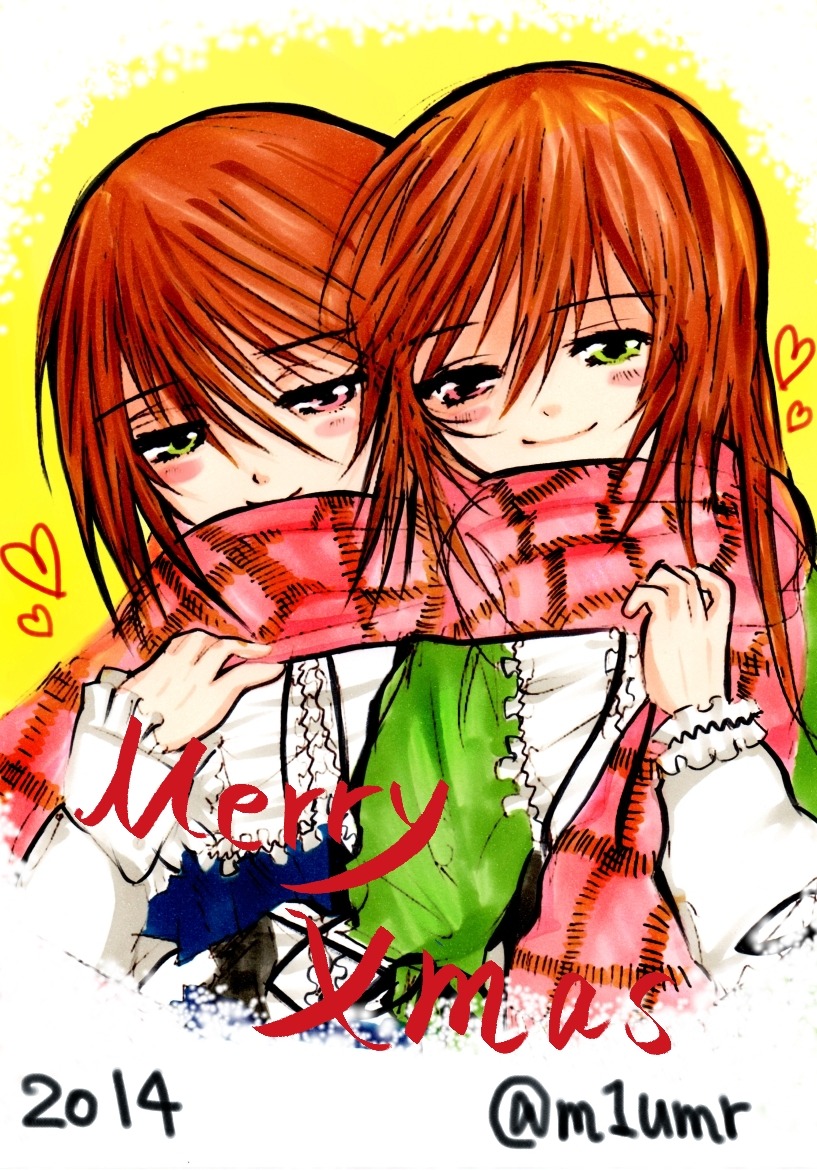 2girls blush brown_hair green_eyes heart heterochromia image long_sleeves multiple_girls pair red_eyes scarf shared_scarf siblings sisters smile souseiseki suiseiseki twins