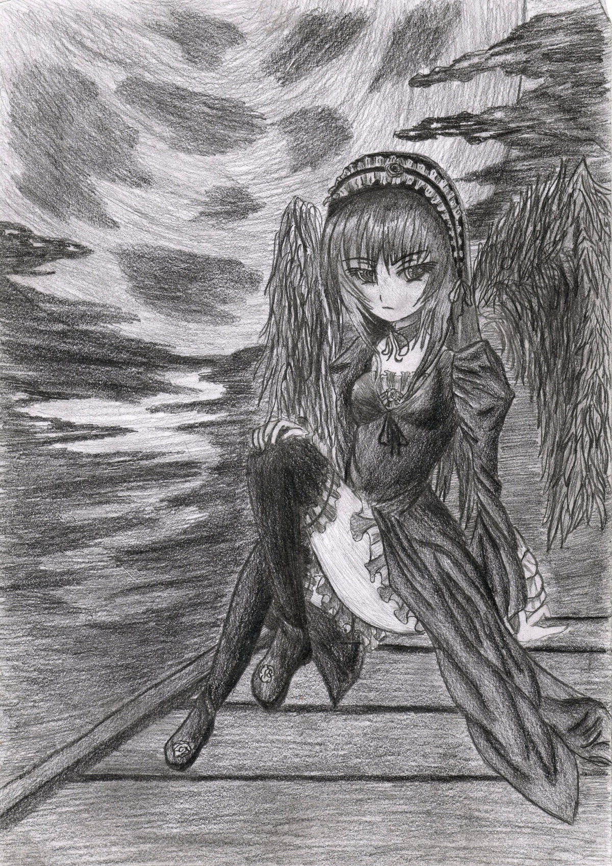 1girl auto_tagged breasts dress frills graphite_(medium) greyscale hairband image long_sleeves looking_at_viewer monochrome sitting solo suigintou traditional_media wings