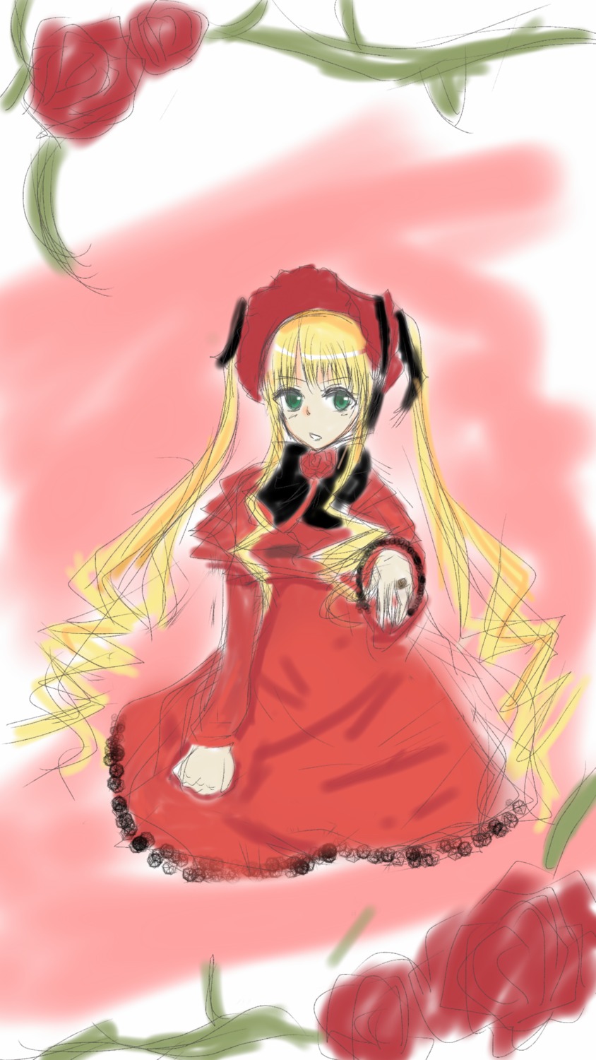 1girl blonde_hair bonnet bow bowtie dress flower image long_hair long_sleeves looking_at_viewer pink_rose plant red_dress red_flower red_rose rose shinku solo twintails very_long_hair