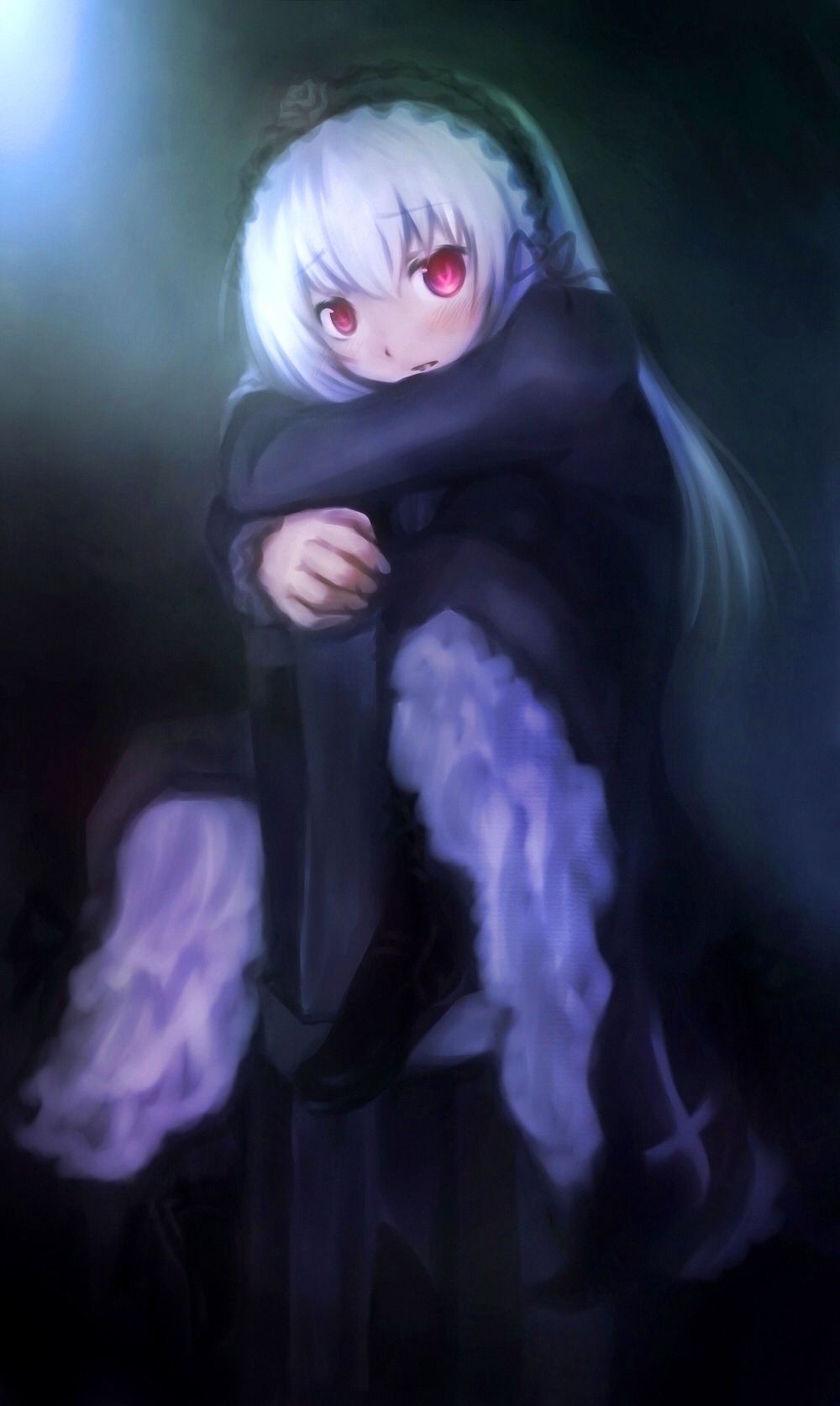 1girl bangs black_dress closed_mouth crossed_arms dress frills full_body hairband image leg_hug long_hair long_sleeves looking_at_viewer red_eyes silver_hair sitting solo suigintou