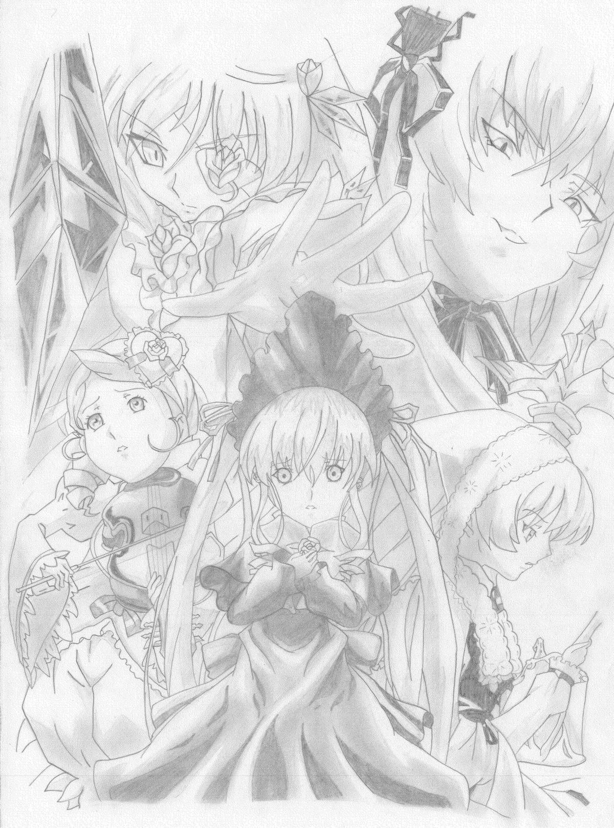 bow dress hair_ornament hat image long_hair long_sleeves looking_at_viewer monochrome multiple multiple_girls tagme twintails weapon