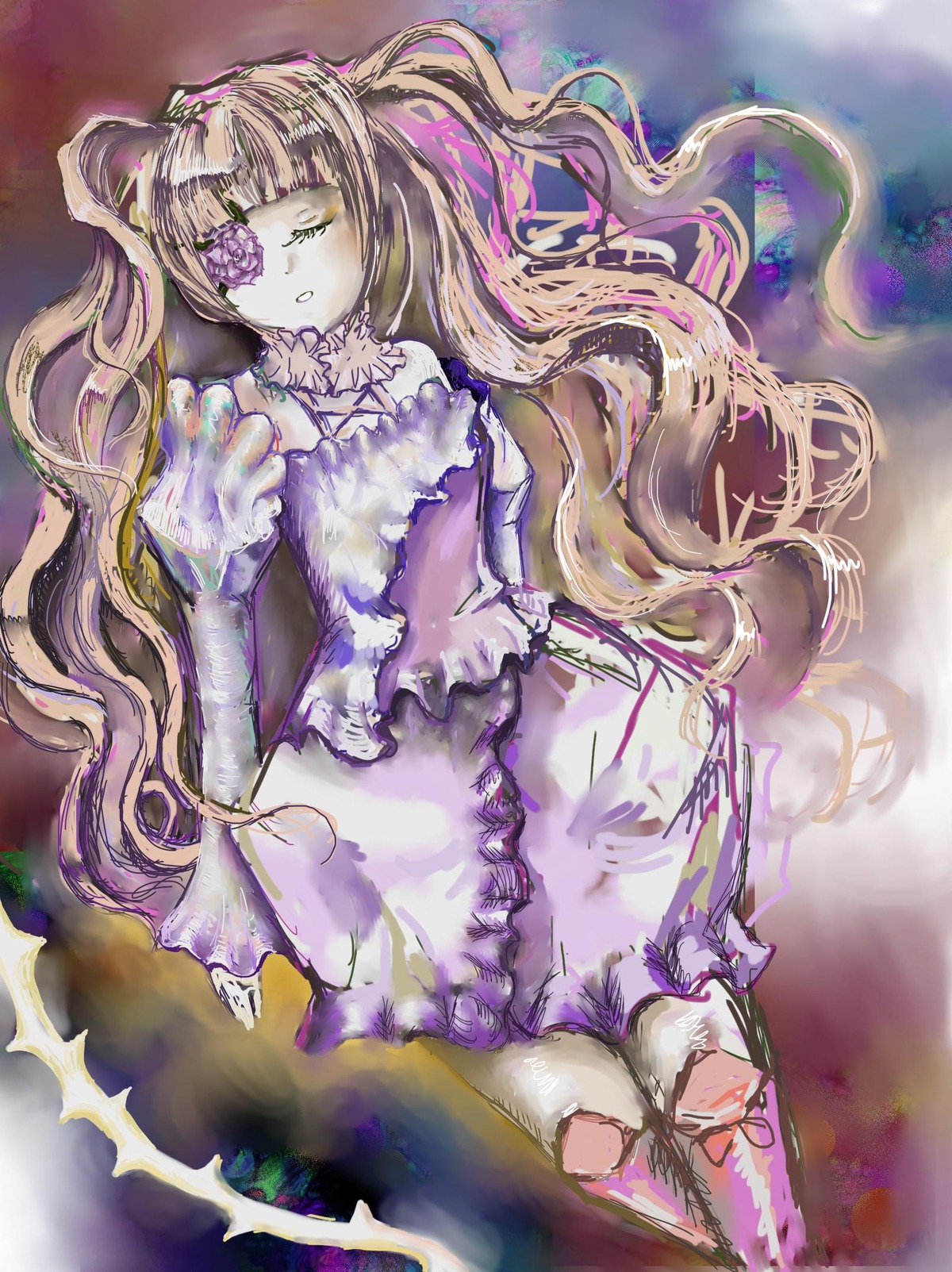 1girl dress eyepatch flower frills image kirakishou long_hair rose solo very_long_hair wavy_hair